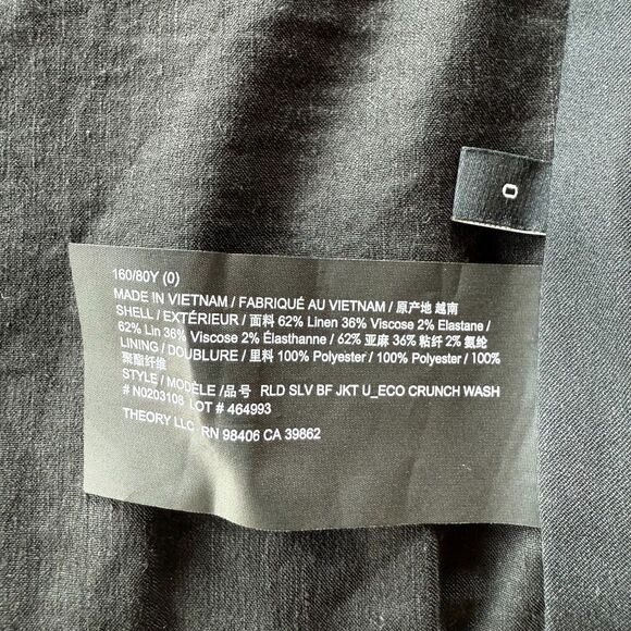 NWT Theory Women's Rolled Sleeve Better Linen Single Breasted Blazer in Black 0 - Picture 12 of 16